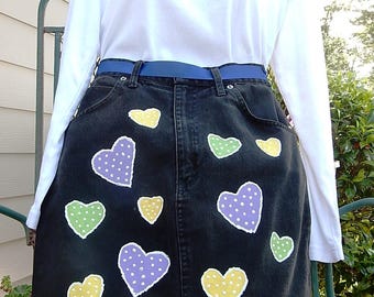 Half Apron, Clearance , Handmade and Hand Painted Recycled Black Denim Half Apron - Hearts Galore - Adult Size - Mom Would Love It