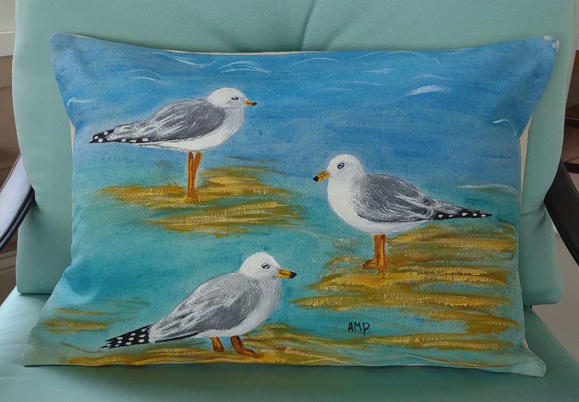 Decorative Pillow Cover , Seagulls, Handmade and Hand Painted Bolster