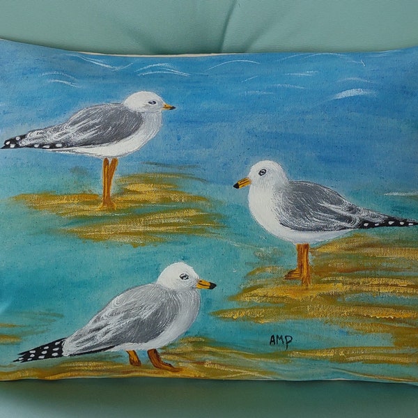 Decorative Pillow Cover , Seagulls, Handmade and Hand Painted  Bolster Pillow Cover, Cotton Duck Pillow Cover, 15" x 22" Bolster