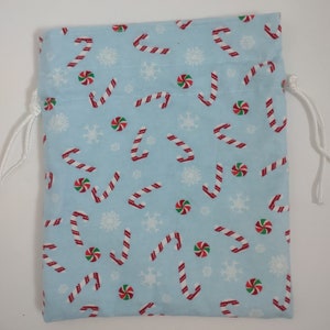 Drawstring Fabric Christmas Gift Bag, Blue with Red Candy Canes, Reusable Gift Bag, Eco-friendly Gif Bag,  Holiday Gift Bag