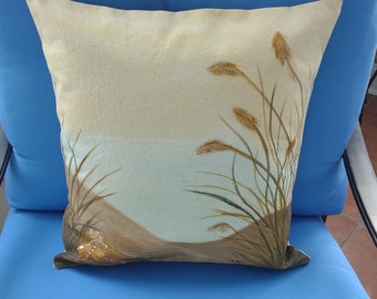 Decorative Pillow Cover, Handmade and Hand Painted Cotton Duck Pillow Cover, Beach Reeds with  Starfish, Coastal Scene, Beach Pillow