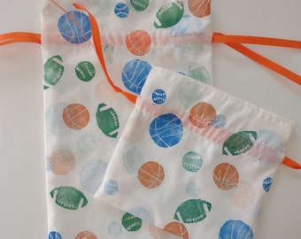 Drawstring Gift Bag, Handmade Fabric Gift Bag, Boys Sports Balls, Boy's Reusable Gift Bag, Recycled Materials, Drawstring Bag, 2 Sizes