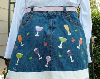 Half Apron - Clearance - Handmade and Hand Painted Recycled Denim Half Apron - Glasses Galore , Great Hostess Apron