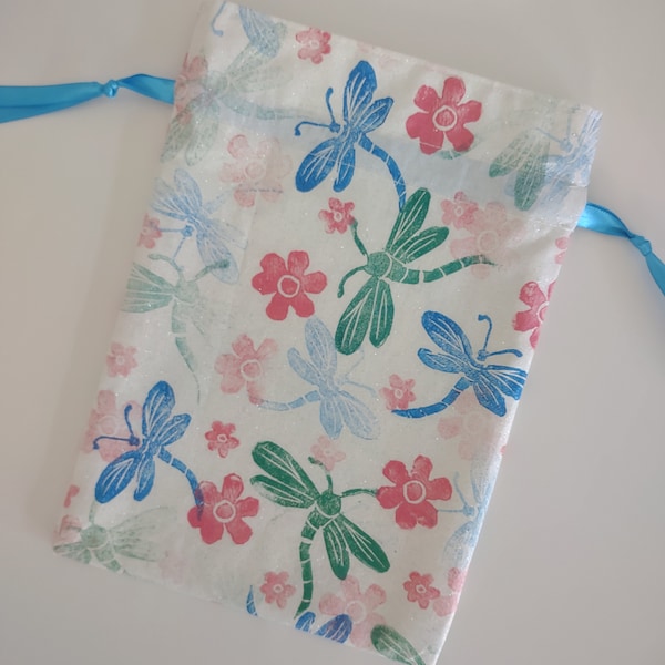 Fabric Drawstring Gift Bag, Hand Stamped and Handmade, Medium Size Bag, Hand Stamped Dragonflies on Glittery Cotton Fabric, Reusable Bag