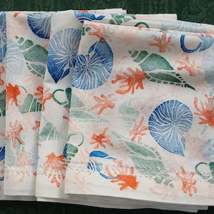 Table Napkins, Colorful Seashells, Seashell Stamped on White Recycled Napkins, Handmade Stamps, One-of-a Kind, Great Holiday Gift