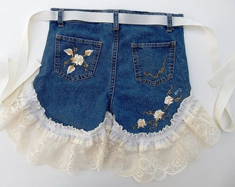 Half Apron - Clearance - Lace Apron - Handmade and Hand Painted Recycled Denim Half Apron -  Long Lace Trim and Painted Gold Rosebuds