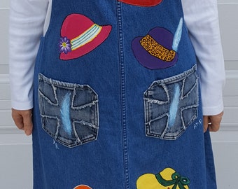 Full Apron, Handmade and Hand Painted Recycled Denim Apron, Beach Hats, Great Party or Hostess Apron