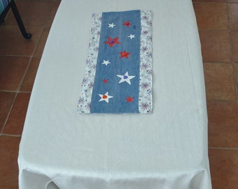 Patriotic Star Table Runner, Casual Dining Runner, Reversable Runner, Recycled Materials, 24" Long by10" Wide, Red, White and Blue.