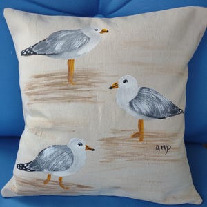 Decorative Pillow Cover, Handmade and Hand Painted Seagulls on Beige Background, 15&quot; Square, Great Beach or Cabin Pillow