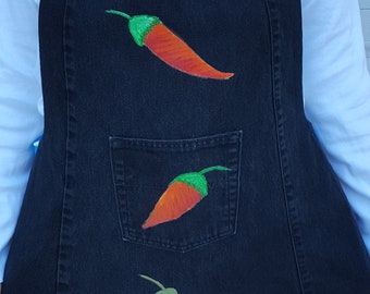 Full Apron, Handmade and Hand Painted Recycled Black Denim Apron, Hot Chili Peppers,  Adult Apron, Recycled Denim, Jean Apron