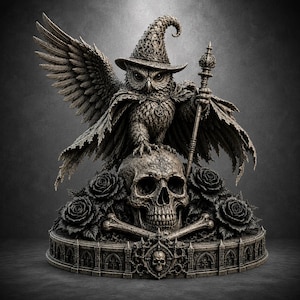 Tovenaarsuil standbeeld STL-bestand Fantasy Mage Owl 3D-print model digitaal downloadbeeldje