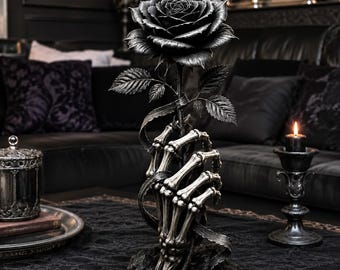 Black Rose Skeleton Hand STL File | Gothic Rose Statue | Dark Fantasy Decor | 3D Print Model Digital Download