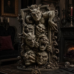 Peut inclure: Une sculpture verticale couleur pierre représentant un amas dense de visages de gargouilles et de démons aux expressions variées, encadrée par des volutes ornementales et des chaînes, avec une petite figure ailée au sommet et des crânes à la base.