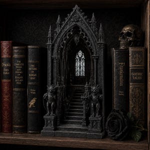 以下が含まれることがあります： 詳細な大聖堂のアーチ、石の階段、2体のガーゴイル像を特徴とするダークグレーのゴシック様式のブックヌック。この構造物の両脇には、『ドラキュラ』、『エドガー・アラン・ポー作品集』、『ドリアン・グレイの肖像』、『フランケンシュタイン』などの古典文学の本が並んでいます。