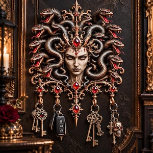 May include: A wall-mounted key holder featuring a central Medusa-inspired face surrounded by metallic snakes with red eyes. The ornate gold-toned frame is accented with red gemstones and includes five hanging hooks holding various metal keys and a skull charm.