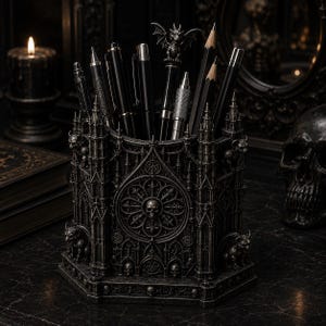 Puede incluir: Un portalápices gris oscuro diseñado como una catedral gótica con detalles arquitectónicos complejos, incluyendo arcos apuntados, un rosetón central con una calavera y pequeñas figuras de gárgolas. Contiene varios bolígrafos y lápices negros.