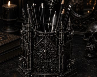 Gothic Cathedral Pen Holder STL, Gothic Desk Organizer, Gargoyle Pencil Cup, Dark Fantasy Office Decor, 3D Print File