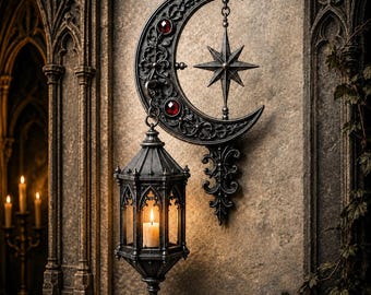 Lanterne lunaire gothique imprimée en 3D, bougeoir en forme de croissant, décoration murale fantastique sombre, décoration intérieure gothique et envoûtante