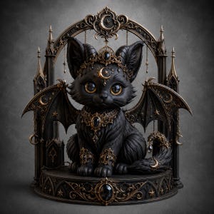 May include: A black cat figurine with bat-like wings, adorned with ornate gold-toned filigree, dark gemstones, and crescent moon motifs. The cat sits on a circular base in front of a gothic-style archway featuring hanging star and moon charms.