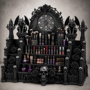 Organiseur de maquillage gothique 3D | Meuble-lavabo cathédrale | Présentoir à cosmétiques Gargouille | Stockage imprimable en 3D