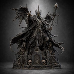 May include: A dark, intricate statue of a skeletal lich king wearing a spiked crown and tattered cape, featuring large bat-like wings, glowing green eyes, and a tall staff topped with a skull. The base includes two hooded skeletons and skulls.