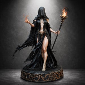 May include: A hooded figurine wearing a flowing black gown with a high slit, standing on a circular ornate base. The figure holds a flaming torch in one hand and displays a small flame in the other, featuring intricate metallic details on the waist.