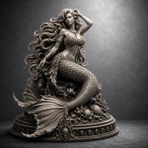 Elegant Mermaid Sculpture STL, Fantasy Coastal Decor 3D Model (Digital Download)