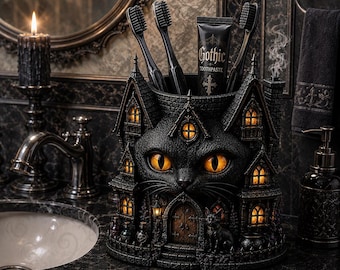 Gothic Cat Toothbrush Holder STL, Dark Fantasy Bathroom Decor, Witchy Cat Toothbrush Stand, 3D Printable File
