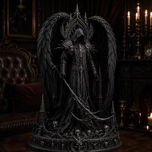 May include: A dark, detailed statue of a hooded, winged figure standing on a circular base adorned with skulls. The figure wears ornate armor with skeletal motifs, holds a long, curved scythe, and is framed by large, textured black wings.
