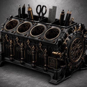 May include: A black and bronze desk organizer shaped like a V8 engine block with gothic architectural details. It features four circular compartments for pens and tools, with a plaque reading V8 GOTHIC EDITION on the side and intricate metal accents.