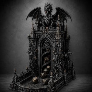 May include: A dark gray gothic dice tower featuring an intricate castle design with pointed spires, gargoyles, and roses. A large dragon with spread wings sits atop the structure. Several multi-sided dice are visible on the spiral ramp and base.