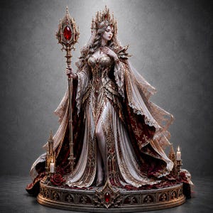 May include: A detailed figurine of a regal figure wearing an ornate gold and white gown with deep red accents, a tall crown, and a flowing cape. The figure holds a tall, intricate gold staff topped with a large red gemstone, standing on a circular base.