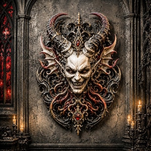 STL-Datei „Hörnerte Dämonen-Wandbüste“, gotische Fantasy-Skulptur (Digitaler Download)