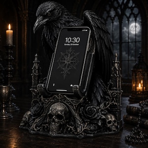 Gothic Raven Phone Stand STL | Dark Fantasy Skull Rose Decor (Digital Download)