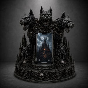 May include: A black smartphone stand featuring a three-headed dog sculpture with spiked collars, flanked by two gargoyles. The base is decorated with skulls, roses, and gothic architectural elements. A smartphone is placed in the center holder.