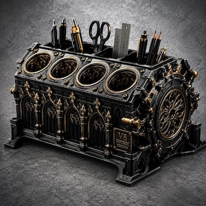 3D Printable V8 Engine Block Pen Holder, Automotive Desk Organizer (STL File)