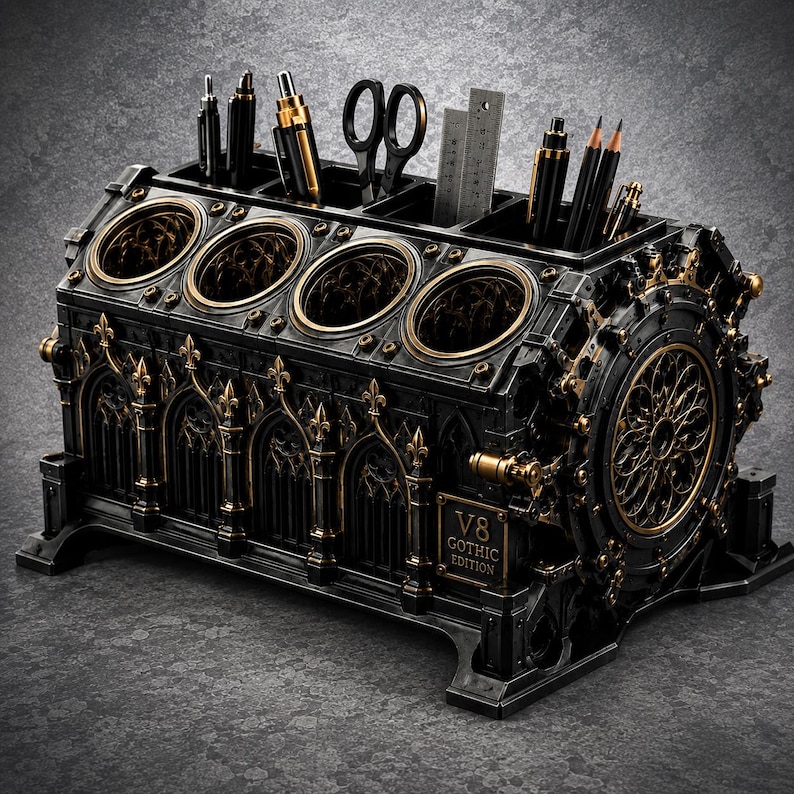 3D Printable V8 Engine Block Pen Holder, Automotive Desk Organizer (STL File)