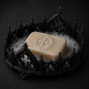 May include: A rectangular beige soap bar with an embossed cross emblem sits inside a black decorative soap dish. The dish features intricate gothic-style architectural arches, pointed spires, and cut-out quatrefoil patterns with soap bubbles.