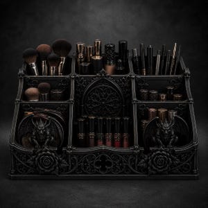 May include: A black cosmetic organizer featuring intricate gothic-inspired carvings, including rose motifs and two gargoyle figures. The structure contains multiple compartments filled with various makeup brushes, lipsticks, and eyeliner pencils.