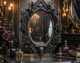 Gothic Gargoyle Vanity Mirror STL, Dark Gothic Oval Mirror Frame, Victorian Wall Decor, Resin 3D Print File, Halloween Home Decor