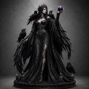 Archivo STL de la Reina Cuervo / Estatua de Hechicera Oscura Gótica / Impresión 3D de Bruja Cuervo / Modelo imprimible en miniatura de resina de fantasía oscura