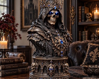 Dark Fantasy Skeleton King Bust, Gothic Skull Warrior Statue, Grim Reaper Decor, 3D Print Display, Gothic Home Decor