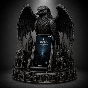 May include: A black smartphone stand featuring a large eagle with spread wings perched above a central cradle. The base is decorated with gothic architectural spires and two winged gargoyles. The phone screen displays 10:45, Tuesday, September 12.