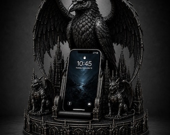 Gothic Raven Phone Holder STL | Dark Cathedral Gargoyle Phone Stand | Crow Smartphone Dock | Gothic 3D Printable STL File