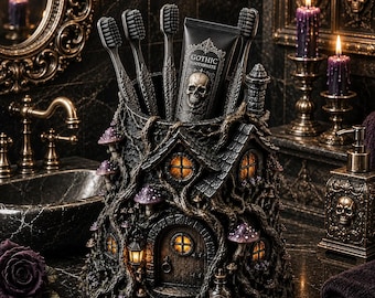 Gothic Fairy House Toothbrush Holder, Mushroom Bathroom Organizer, Dark Fantasy Toothbrush Stand, Whimsical 3D Printed Decor