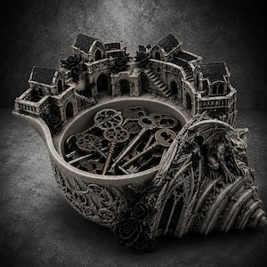 May include: A decorative bowl shaped like a seashell, featuring an intricate miniature gothic castle architecture along the rim, adorned with sculpted roses and a gargoyle figure, containing a collection of antique-style metal skeleton keys.