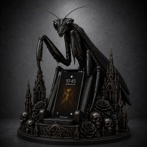 Könnte beinhalten: Ein schwarzer Smartphone-Ständer mit einer großen, detaillierten Gottesanbeterin-Skulptur auf einem Sockel, der mit gotischen architektonischen Türmen, geschnitzten Rosen und menschlichen Schädeln verziert ist. Das Display zeigt 10:45 und Montag, 20. Mai.