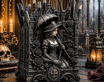 Ravenrose Witch Pen Holder STL | Gothic Witch Desk Organizer | Victorian Rose Witch | Fantasy 3D Printable File