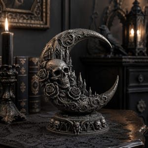 May include: A dark grey crescent moon sculpture featuring a central human skull, blooming roses, and intricate gothic architectural spires. The base is decorated with small skulls and gargoyle figures, all finished with a weathered metallic texture.