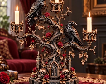 May include: A multi-tiered candelabra featuring a central tree structure with two black ravens perched on branches, three white pillar candles, red roses, and a base decorated with two skulls and gothic architectural elements.